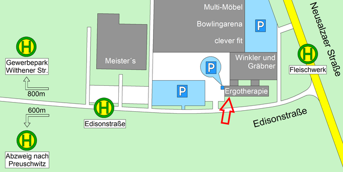 Karte / Lageplan mit Parkplätzen und Bushaltestellen, Ergotherapie Mandy Mildner in Bautzen, Edisonstraße 17 (LÖBLEIN)